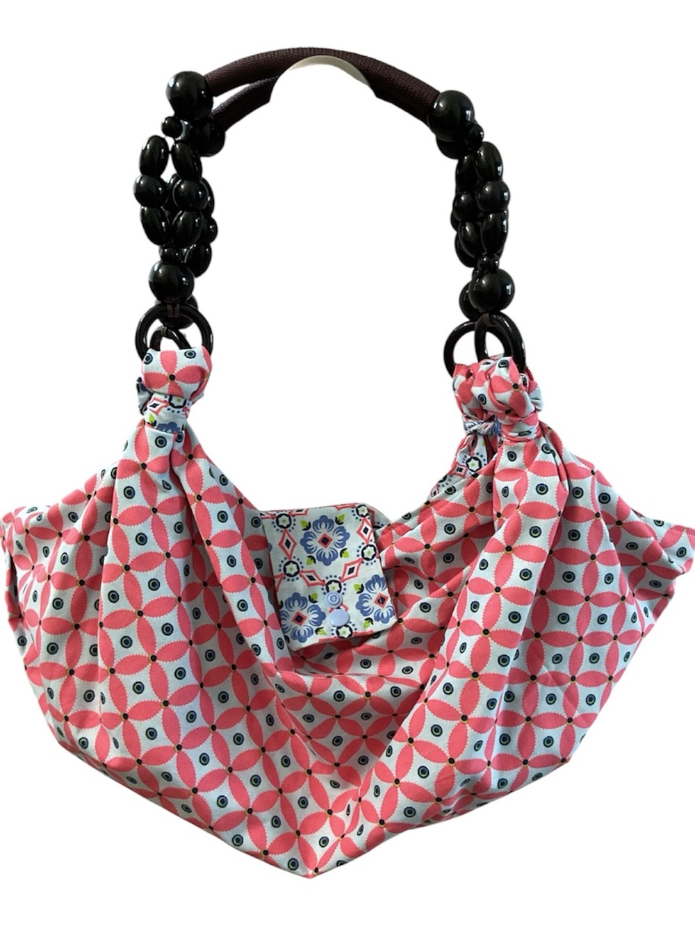 Handmade Reversible Slouchy Hobo Bag with Jet Black Beaded Handle NWOT